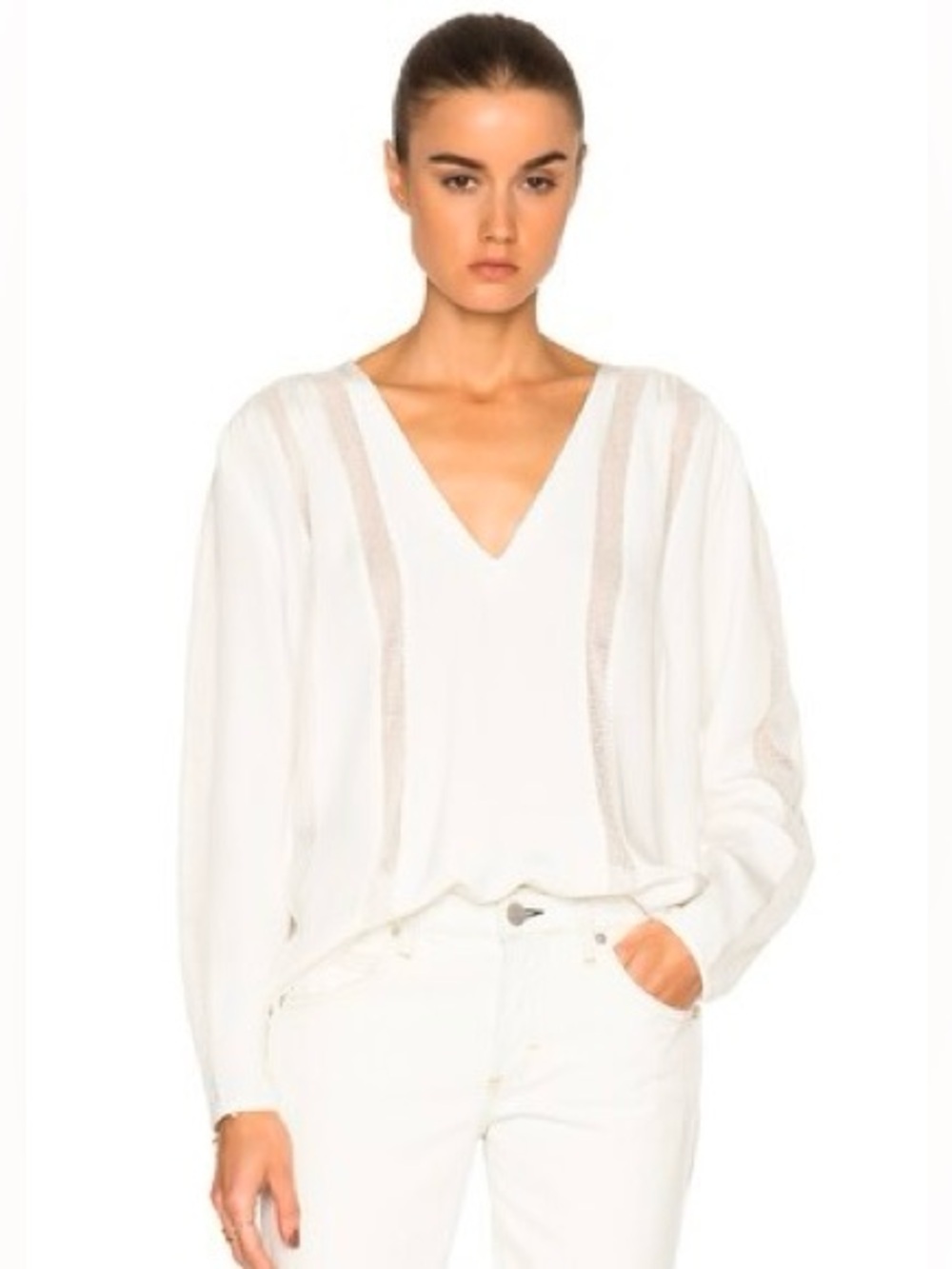 L’AGENCE Angela Crochet Inset Silk V-Neck Top in Ivory